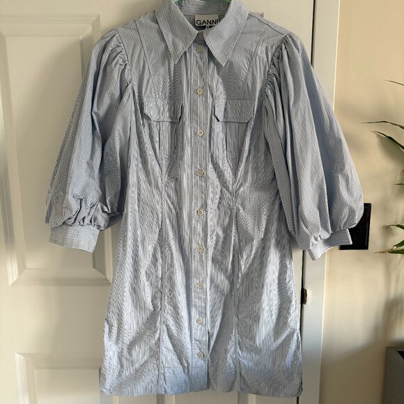 Sz 38 Ganni Blue Stripe Cotton Mini Dress - Picture 2 of 7